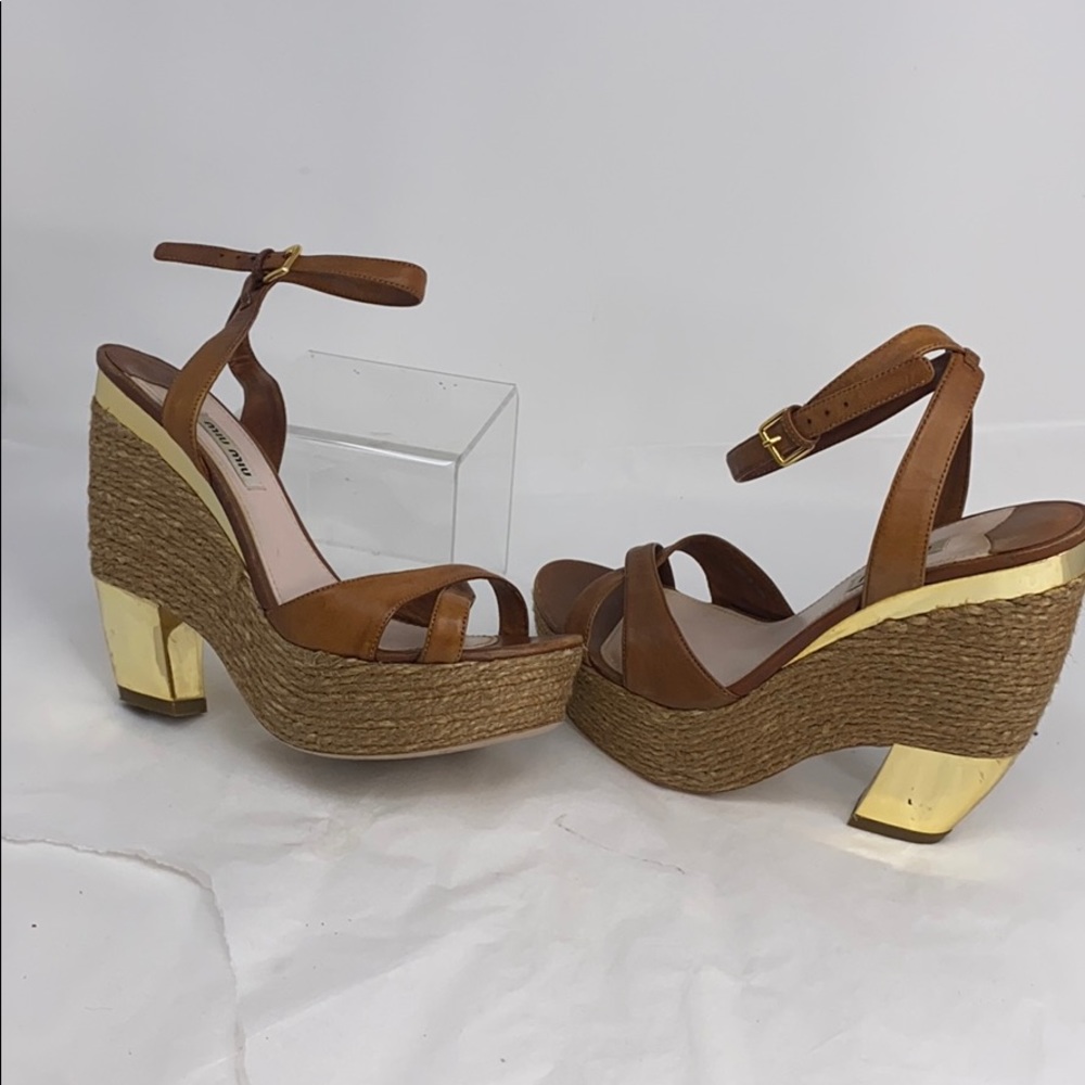 MIU MIU Prada Sz 38 Leather Espadrille Heel Wedges - Picture 5 of 16